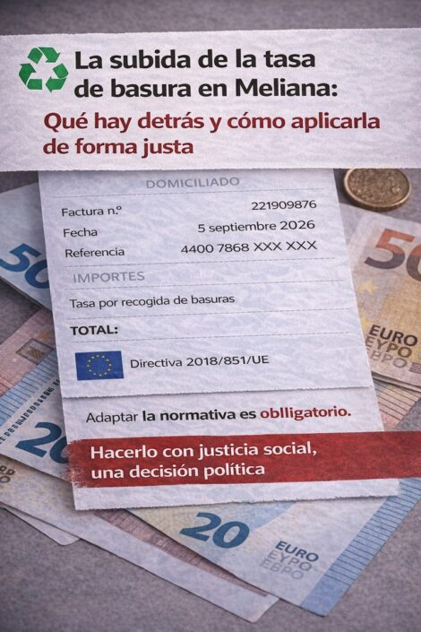 Recibo de la tasa de basura sobre billetes de euro con mensaje sobre normativa europea y aplicación justa en Meliana