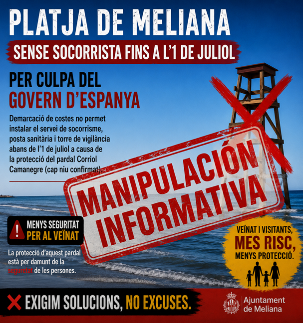 Montaje del cartel publicado por el Ayuntamiento de Meliana sobre el servicio de socorrismo con un sello de "Manipulación informativa".